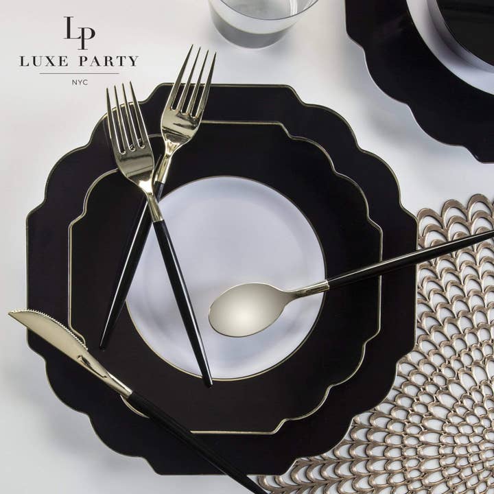 Luxe Party - Wholesale Disposable Plate - Scalloped Black • Gold Plastic Plates | 10 Pack