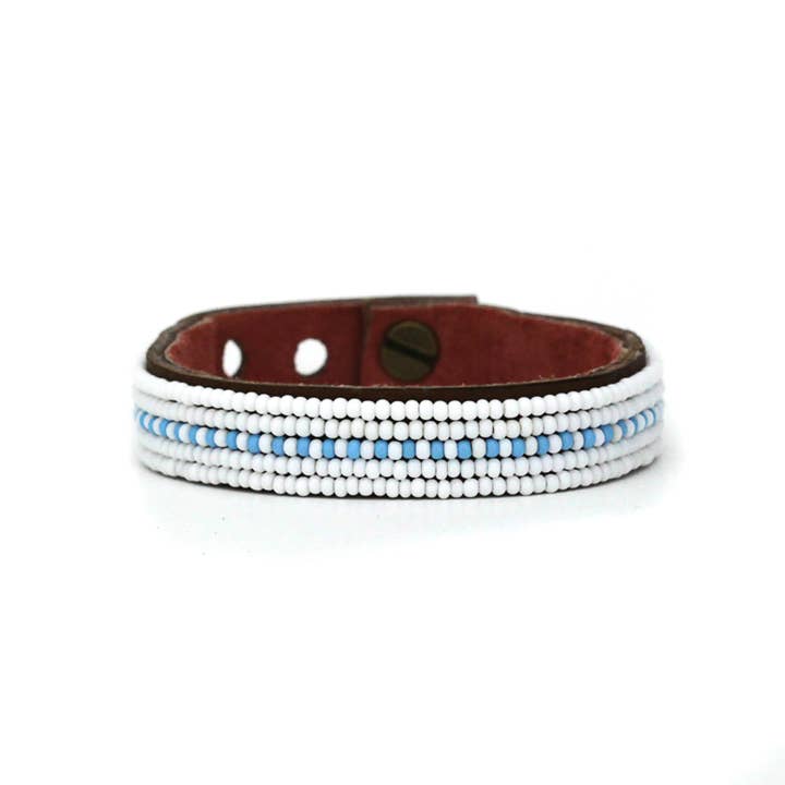 Small Light Blue Dashes Leather Cuff for wholesale by Swahili Coast