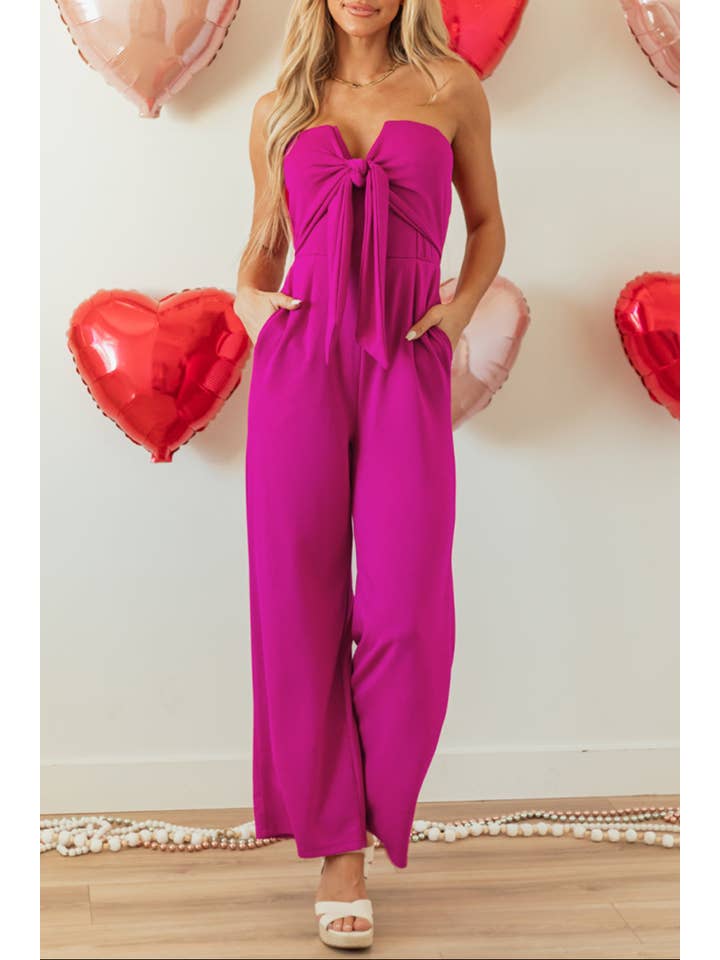Bright Pink Bow Strapless Wide Leg Jumpsuit for wholesale on Faire