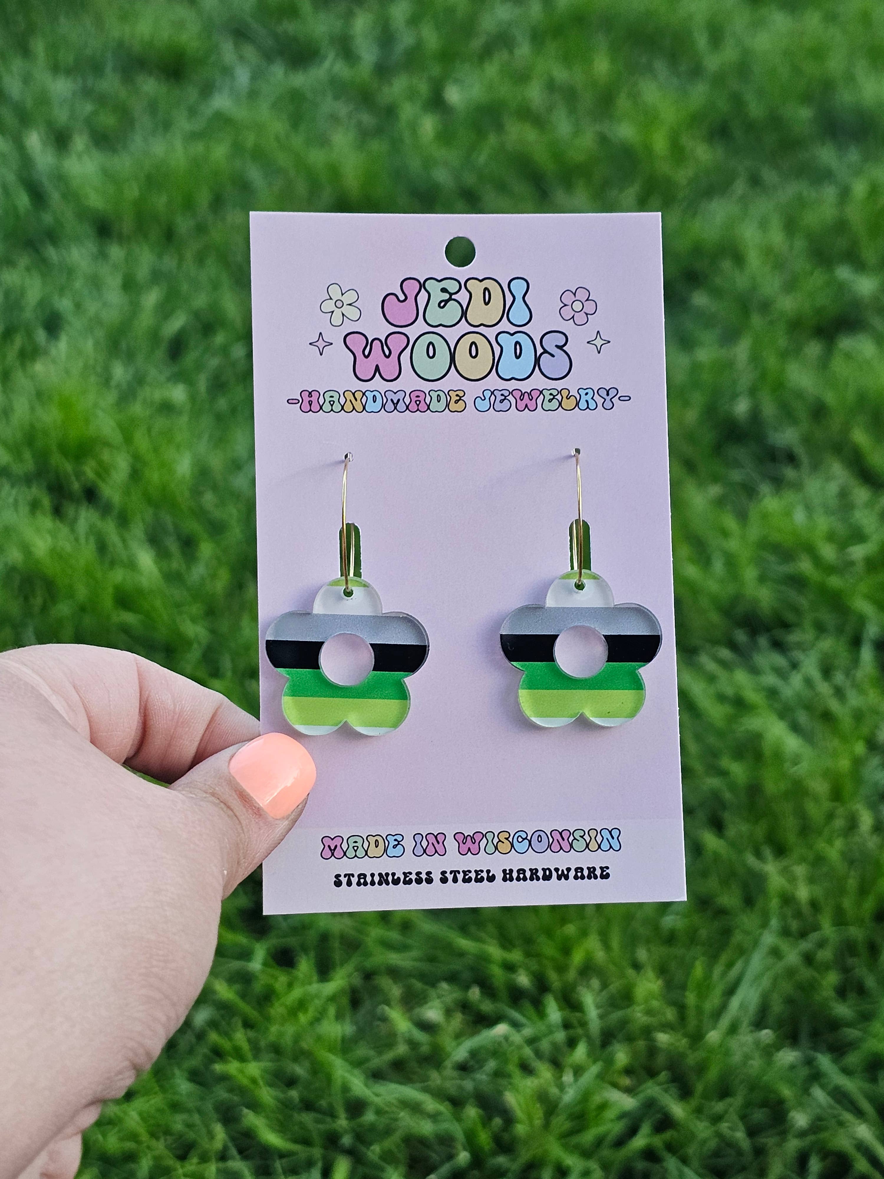 Jedi Woods LLC - Wholesale Dangle Earrings - Aromantic and Agender Pride Flag Flower Earrings7