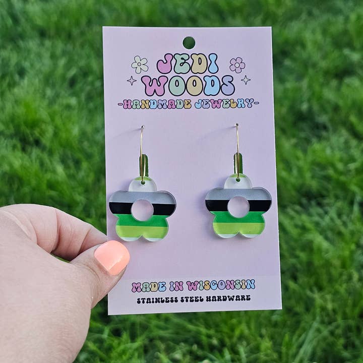 Jedi Woods LLC - Wholesale Dangle Earrings - Aromantic and Agender Pride Flag Flower Earrings7