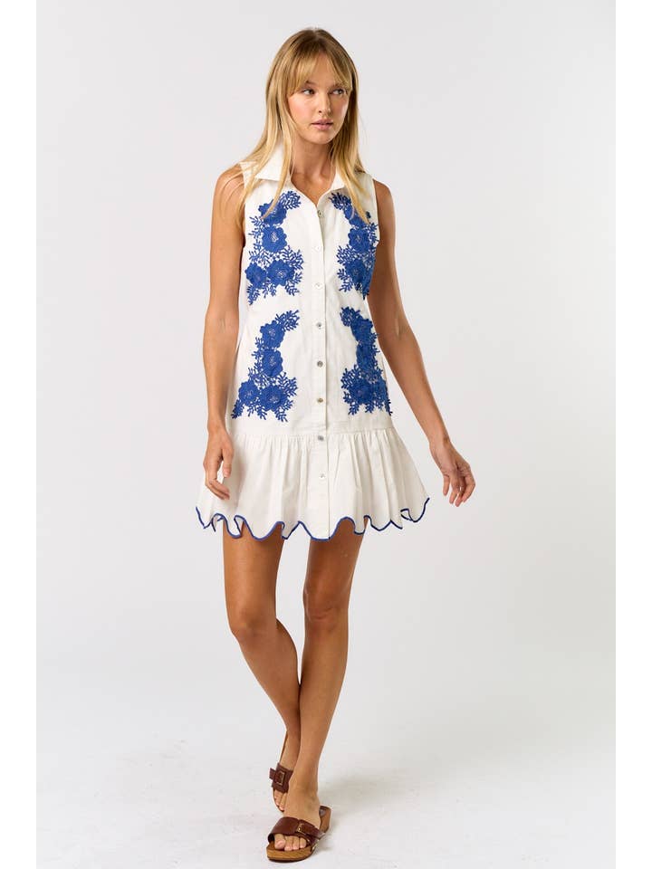 OFF WHITE BLUE ILD5195 EMBROIDERED COLLAR BUTTON DOWN MINI DRESS for wholesale on Faire