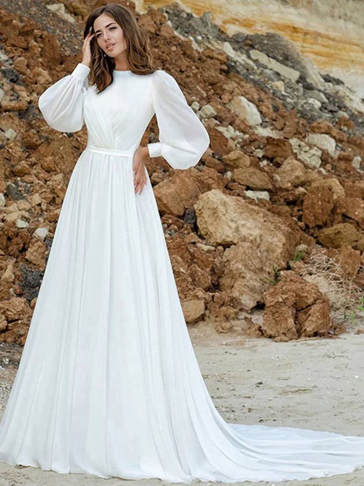 Pluto - Classic Minimalist Chiffon Modest Wedding Dress for wholesale by Unique Modest Bridal