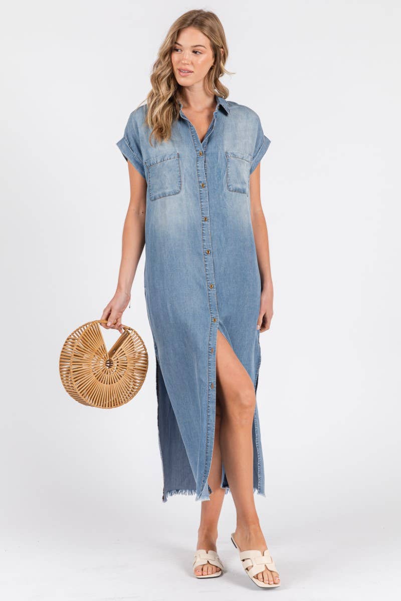 ZiA Apparel - Wholesale Jurk - Dames - Maxi spijkerjurk met korte mouwen en overhemdstijl19