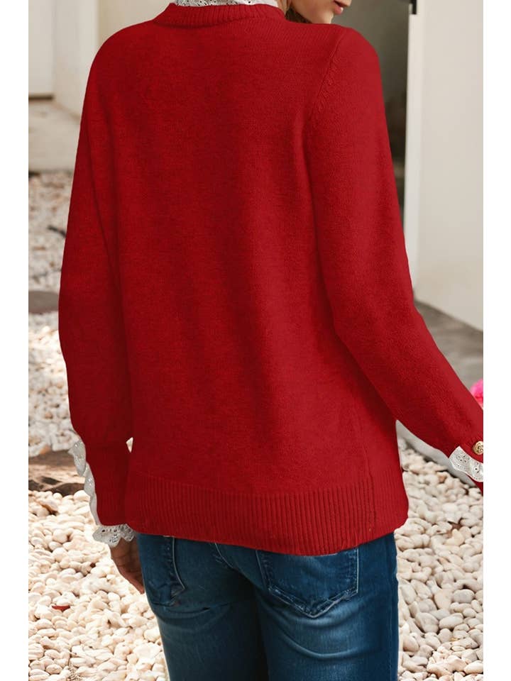 Little Daisy Closet - Wholesale Knit Sweater - Women's - LDC Lace Trim Patchwork Buttoned Cuffs Loose Sweater5
