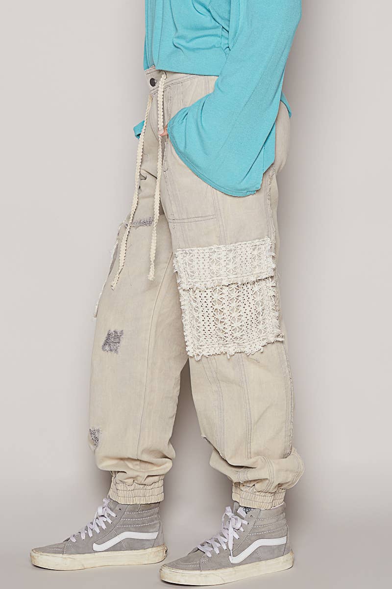 Pol Clothing - Wholesale Jeans - Women's - Tie waistband contrast crochet cargo pockets denim joggers7