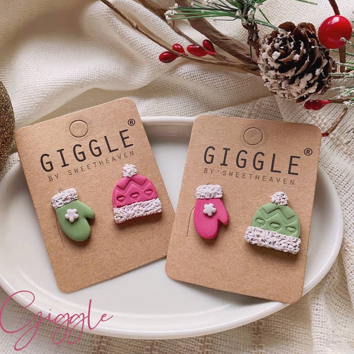 Winter Mittens & Hat Polymer Clay Stud Earrings | Christmas Earrings | Gloves, Beanie, Pom Hat | Winter Fall Clay Studs | | Stocking Stuffer for wholesale by Giggle with Love