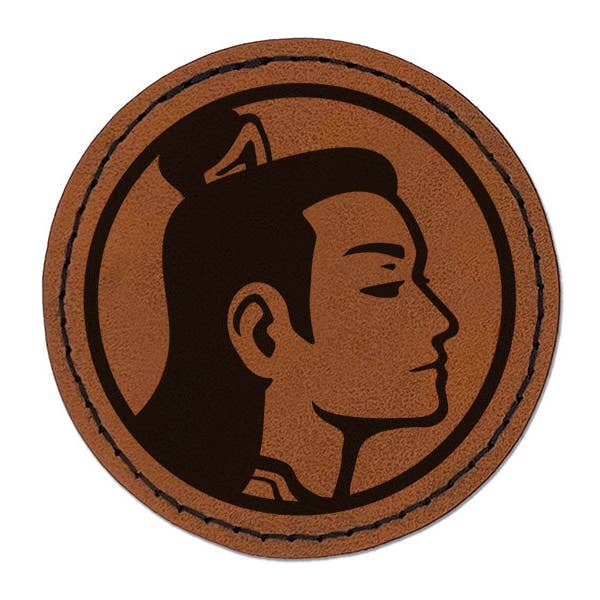 Traditional Chinese Man Hairstyle Han Ming Qing Dynasty Round Iron-On Engraved Faux Leather Patch Applique - 2.5 Inch for wholesale by Sniggle Sloth