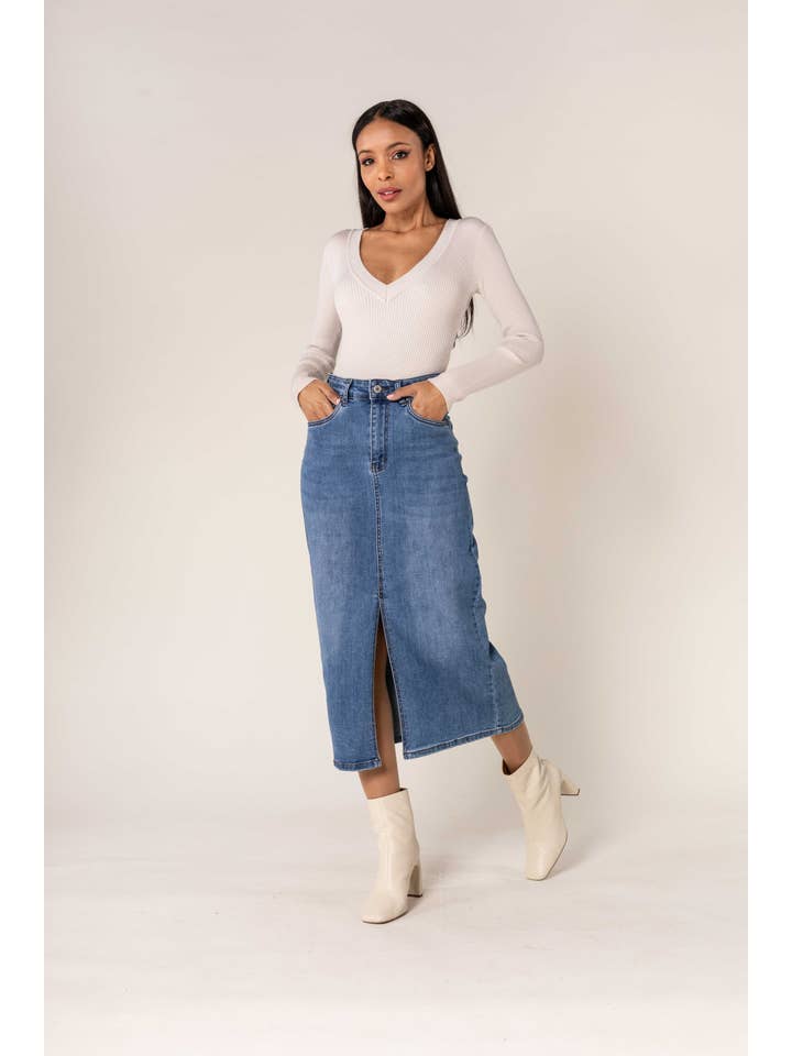 Nina Carter - Wholesale Skirt - Women's - Nina Carter denim jean long skirt with front split front P2150