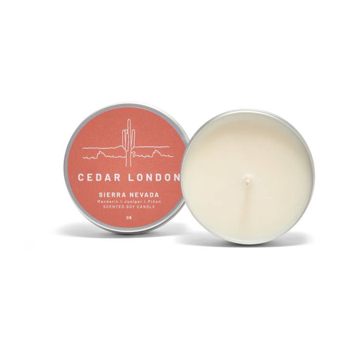 Sierra Nevada Candle Tin: Mandarin, Juniper Scented Candle for wholesale by Cedar London