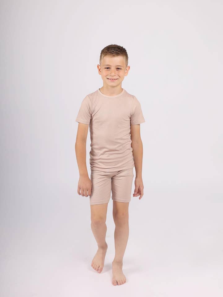 SHORT SLEEVE RIB PAJAMA SET IN COFFEE for wholesale by Lucin Baby