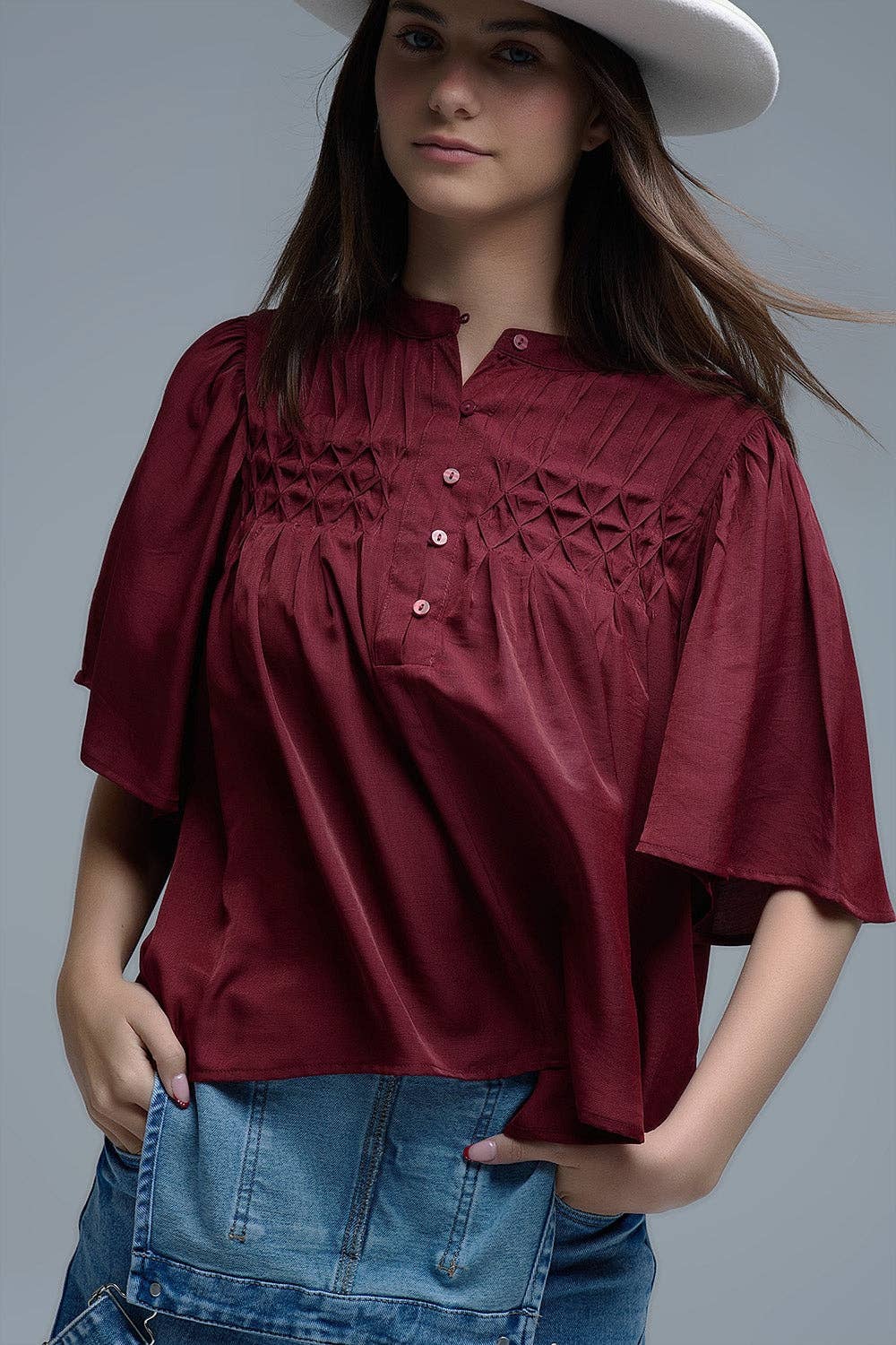 MAROON Relaxed wine-colored boho-style blouse with embroidered details for wholesale on Faire1