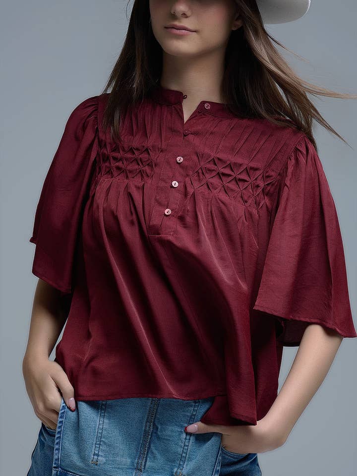 KASTANIENBRAUN Lässige Bluse im Boho-Stil in Weinrot mit Stickereien für den Großhandel auf Faire1