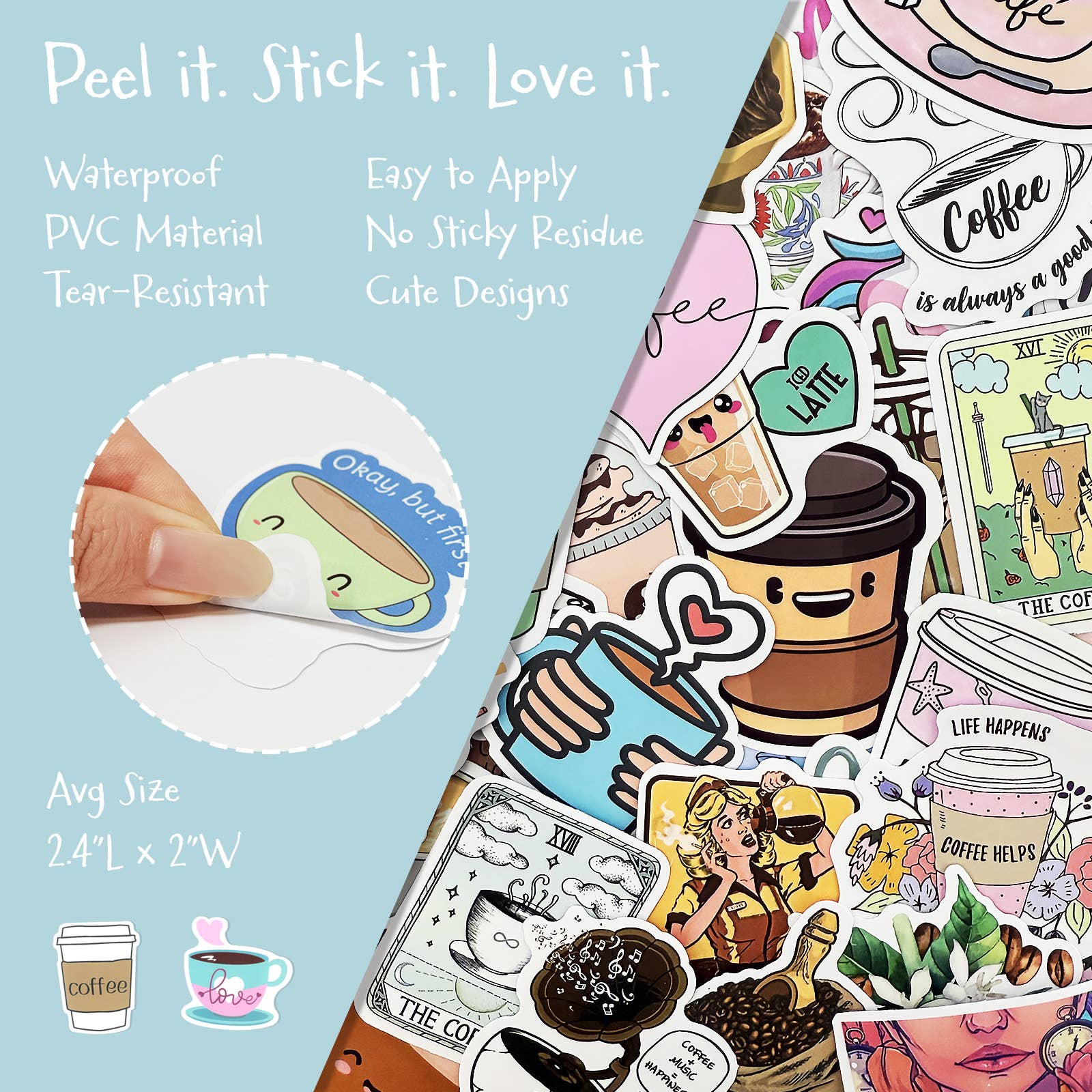 Wrapables.com - Vente Autocollant - Autocollants en vinyle imperméables Wrapables, 100 pièces, Coffee Time1