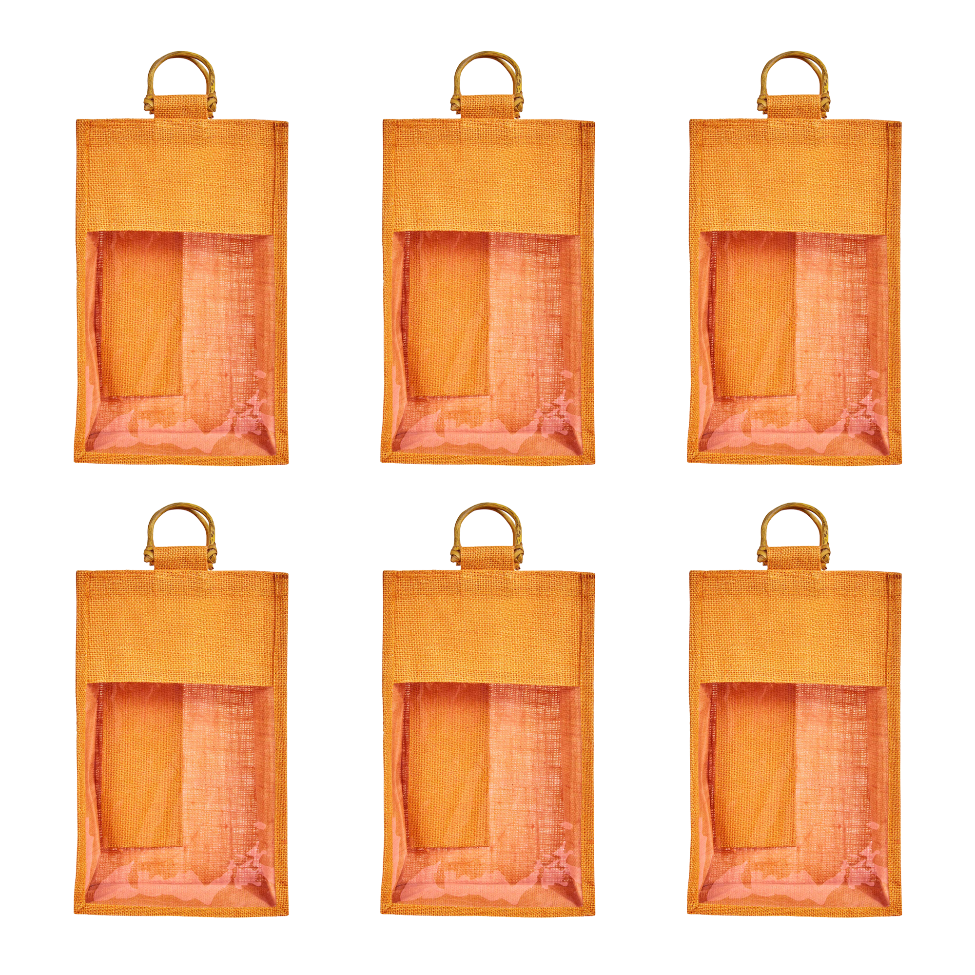 ecojutebags – wholesale Wine gift bag – 6-Pack Burlap Wine Bags with Cane Handle & Clear PVC Window24
