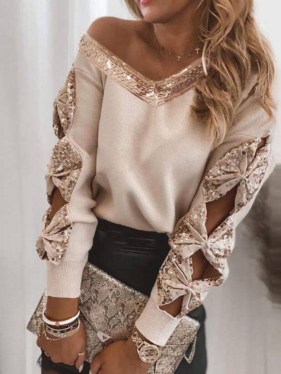 APRICOT contrast sequins bowknot design cutout sweater for wholesale on Faire