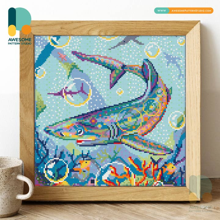 DS1338-120x120 Tubarão Azul, Kit de Pintura Diamante por atacado de Awesome Pattern Studio