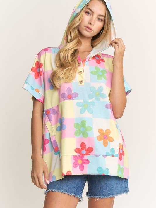T5678HE13-Floral Hoodie Short Sleeve Top for wholesale by Sunday Morning
