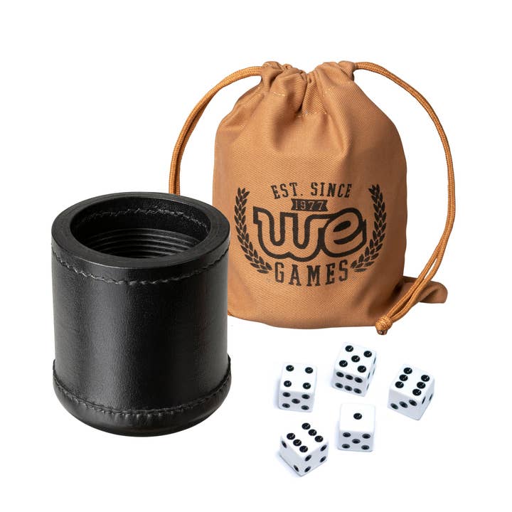 Black WE Games Professional, Leather Dice Cup Set - 5 Dice, Instructions for 10 Dice Games & Cloth Carry Bag for wholesale on Faire1