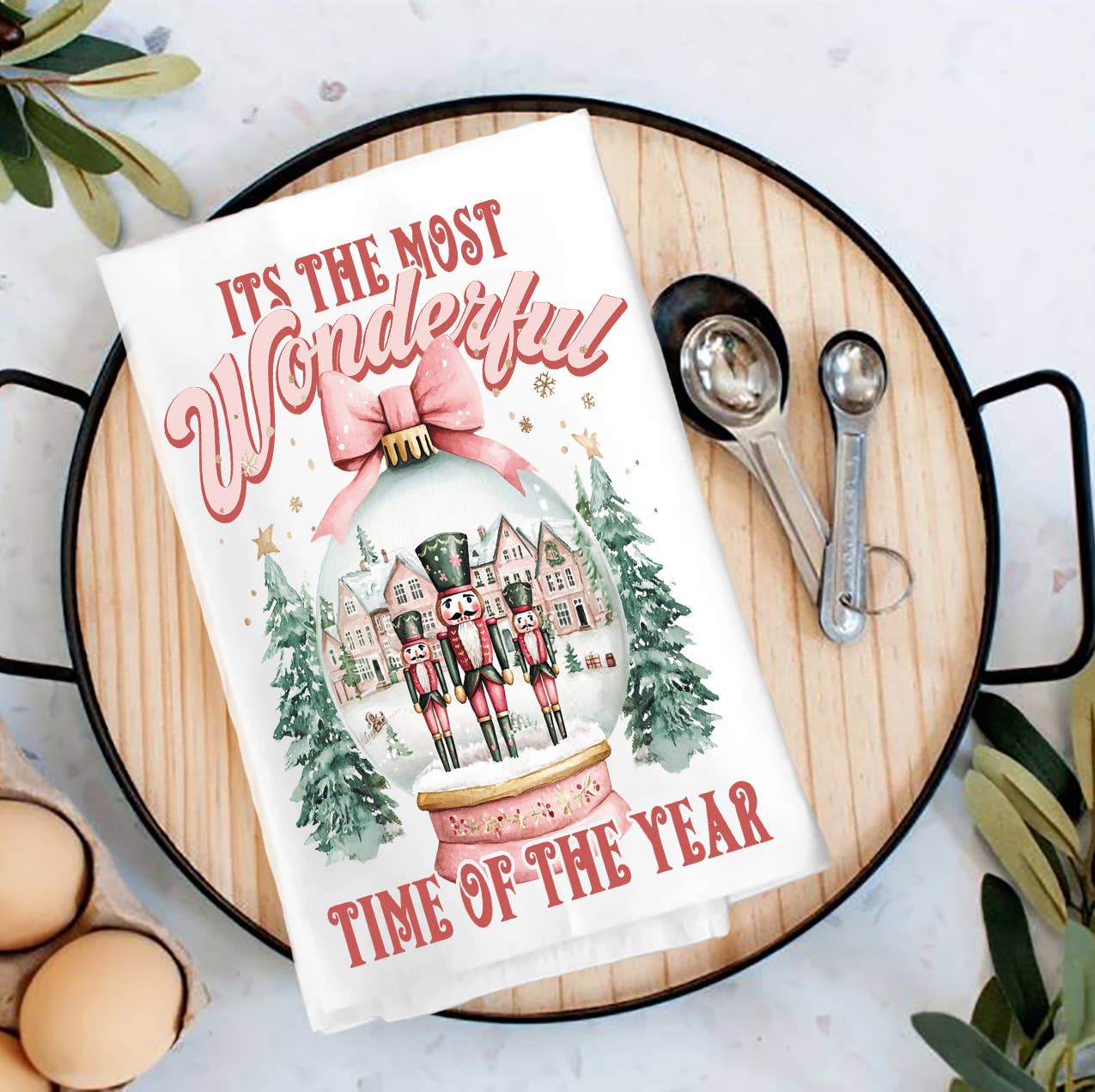 Avery Lane Gifts – Engroshandel Viskestykke – Lyserød jule nøddeknækker snekugle viskestykke0