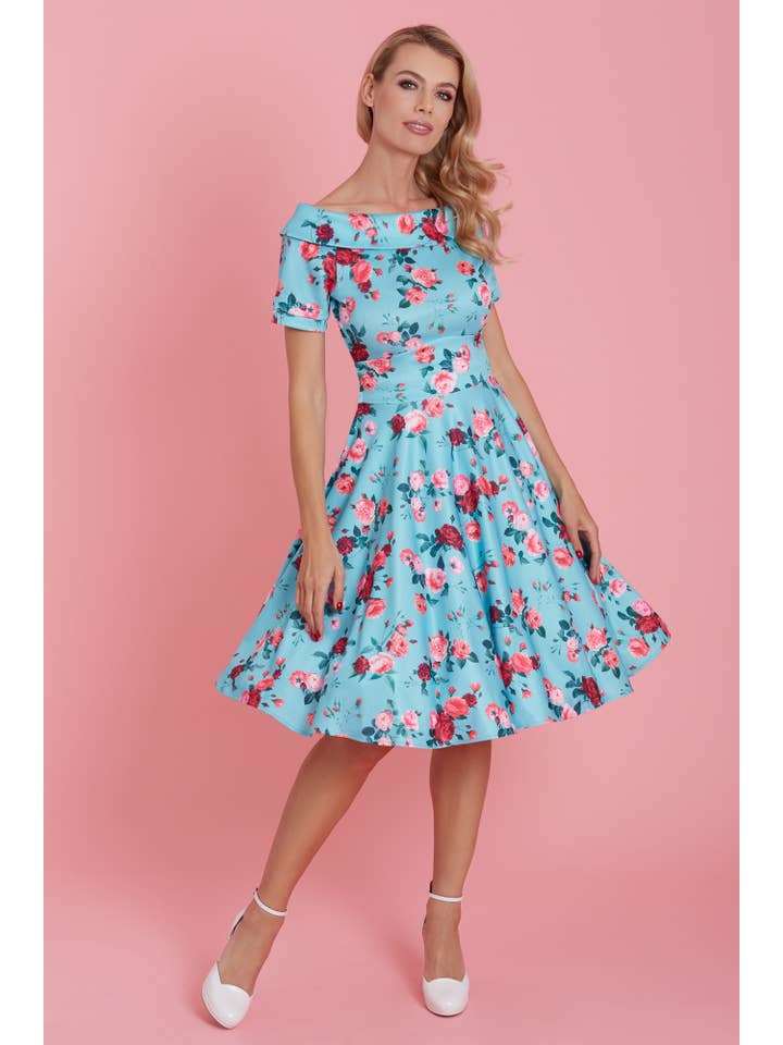 Dolly & Dotty - Wholesale Dress - Women's - 50s Style Rose Floral Off Shoulder Swing Dress in Aqua Blue
