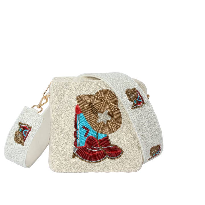 Ladies White Fully Beaded Western Theme Cross Body Hand bag for wholesale by Nima Accessories Inc