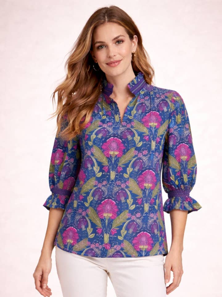 Marinblå blus med blommönster för wholesale av Avani Del Amour