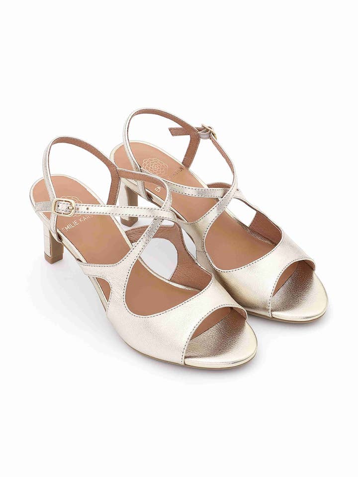 Sandalia de cuero SERENA con tacón medio y tiras cruzadas para venta al por mayor de Emilie Karston
