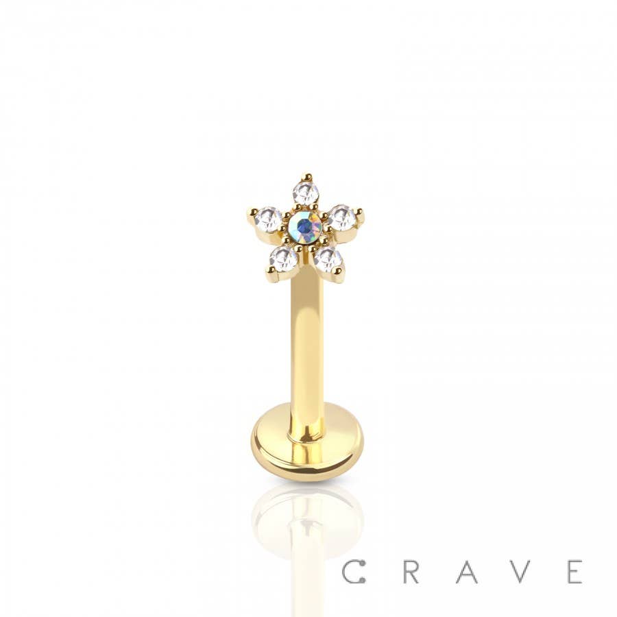 CRAVE - Wholesale Single Earring - INTERNALLY THREADED 5 PETALS CZ FLOWER TOP 316L SS LABRET1