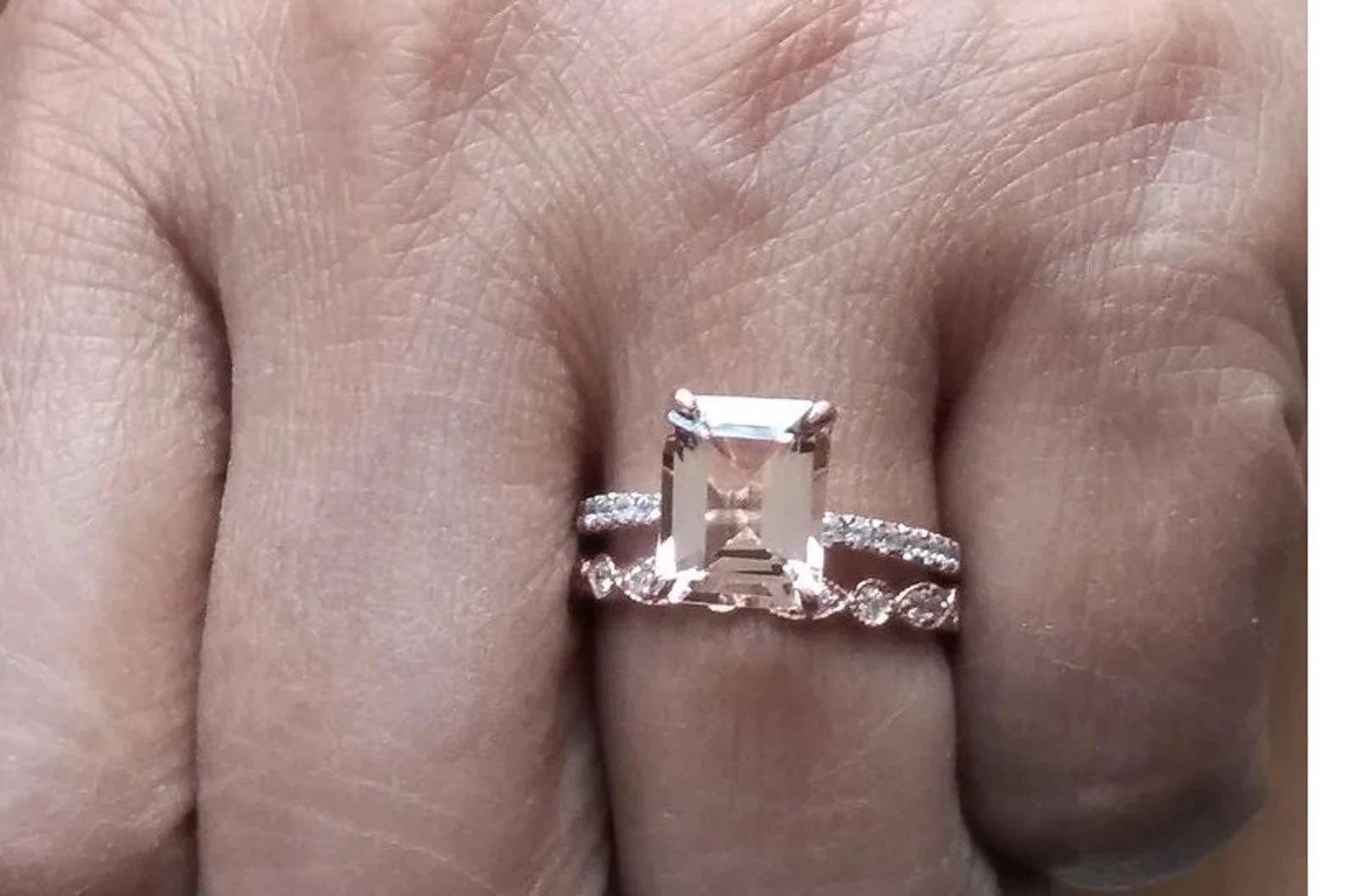 GEMPARA - Wholesale Engagement Ring - 14K Solid Rose Gold Emerald Cut Morganite Ring Set5