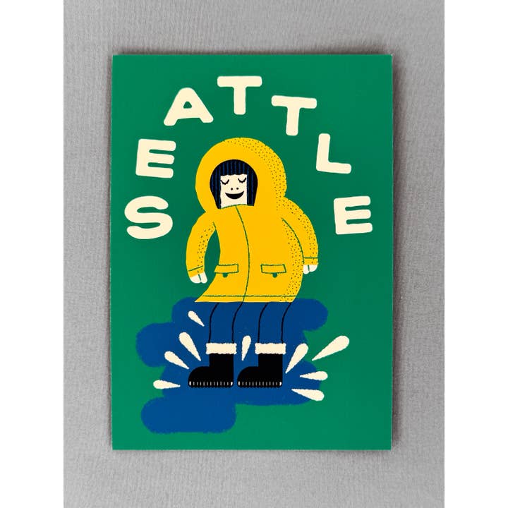 Wug Prints - Wholesale Postcard - Seattle Puddle Jumper in Yellow Raincoat Postcard