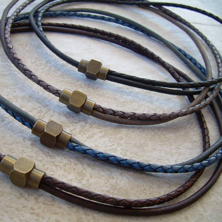 Double Strand Smooth and Braided Leather Necklace with Antique Bronze Magnetic Clasp for wholesale by Urban Survival Gear USA