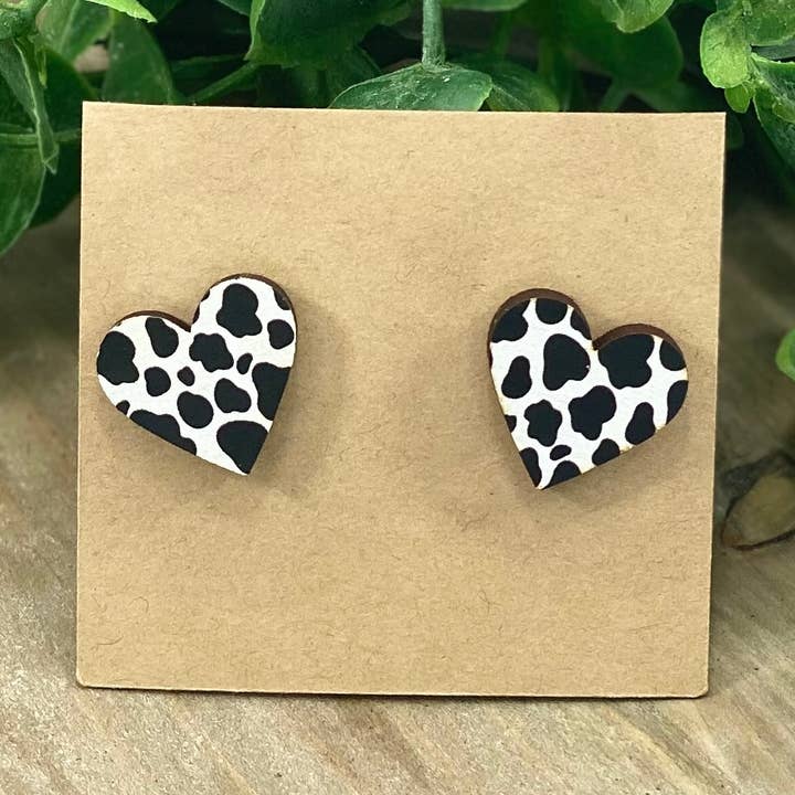 Cow Print Heart Stud Earrings for wholesale by The Bohemian Bull LLC