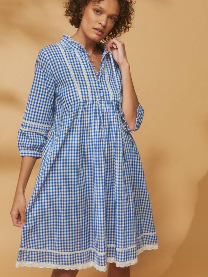 Louisa Kleid Blau Gingham für den Großhandel von House of Lacuna