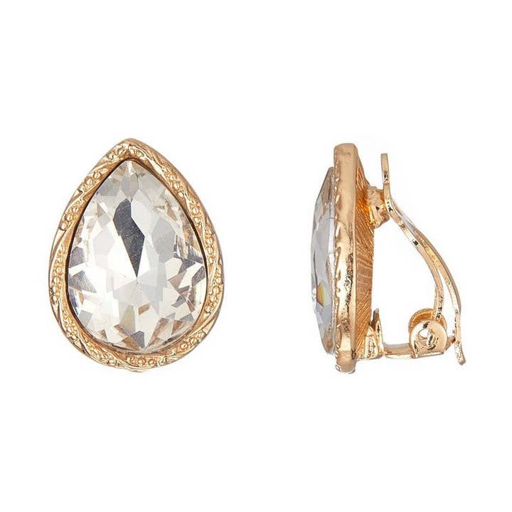 Orecchini clip-on Wilburh in ottone placcato oro con cristallo a goccia per la vendita all'ingrosso da parte di BELLE MISS