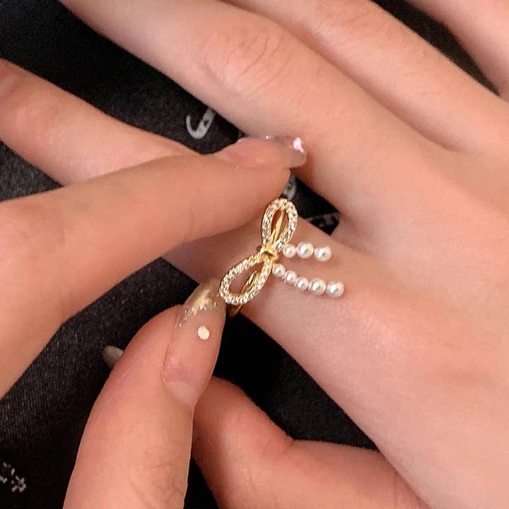 ACCITY - Wholesale Band/Stacked Ring - FASHIONABLE BOW SMALL PEARL RING FOR WOMEN_CWAJE3096