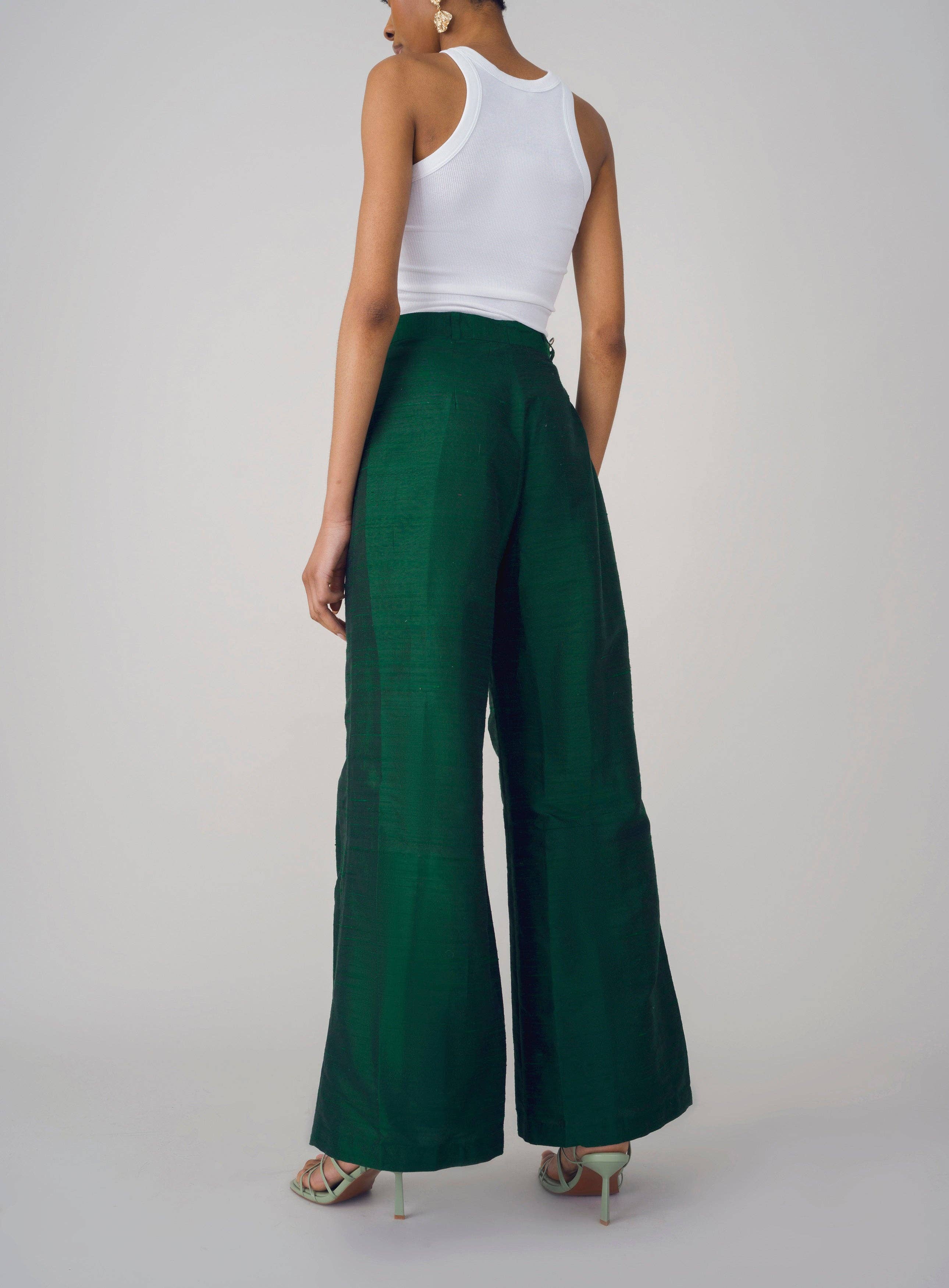 Green Isa Raw Silk Trousers for wholesale on Faire2