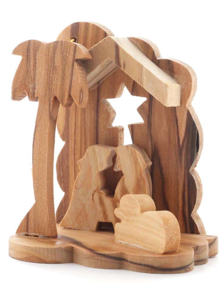 Olive Wood Nativity Scene_ Holy Family in Clouded Grotto Ornament for wholesale by Holyland Artisans