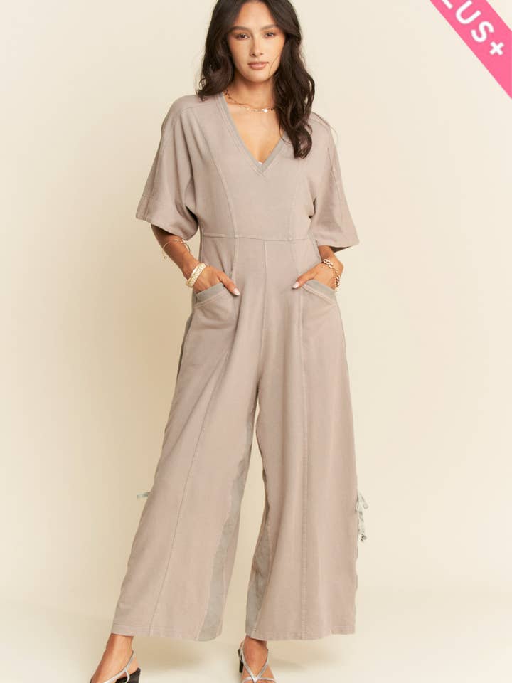 Davi & Dani - Wholesale Jumpsuit - Women's - PLUS GARMENT PANTS V NECK SHORT SLEEVE JUMPSUIT1
