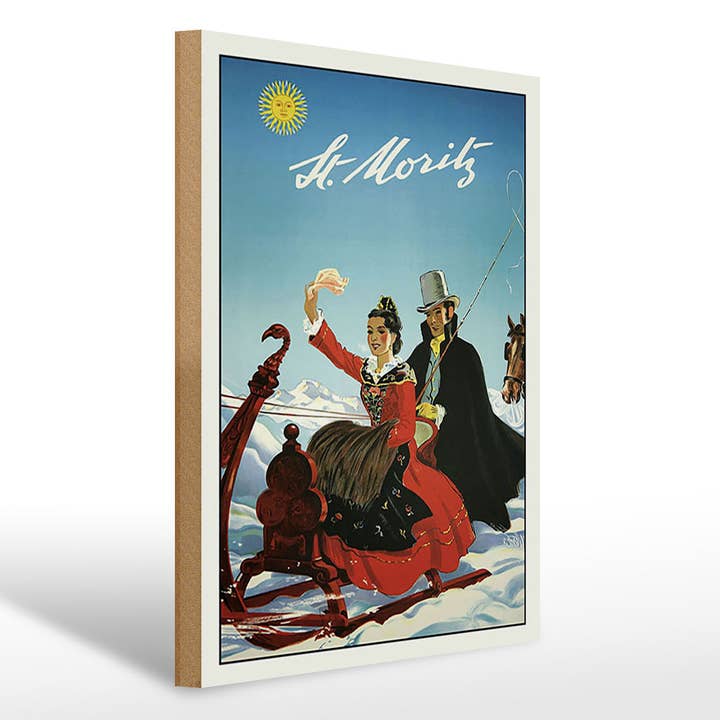 Placa de madeira Viagem 30x40 cm St. Moritz Casal no trenó por atacado de Femer
