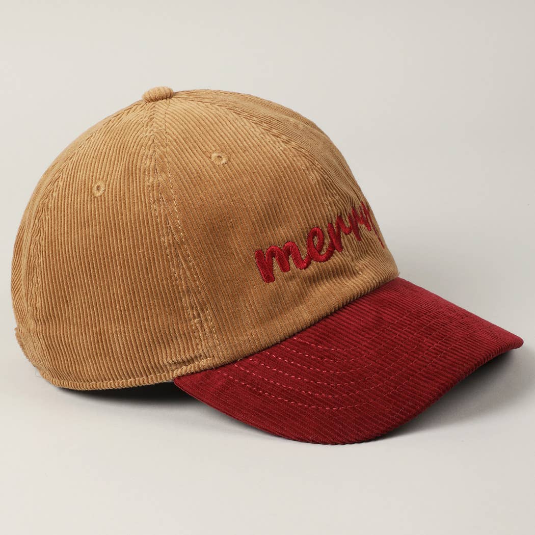 Fashion City - Wholesale Baseball Cap - Unisex - Merry Text Embroidery Two-Tone Corduroy Hat2