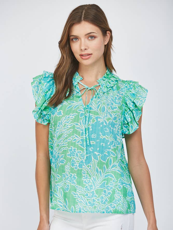 GREEN MULTI FLUTTER SLV RUFFLE COLLAR TOP FT22201 for wholesale on Faire