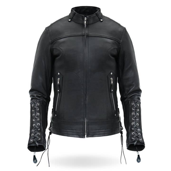 BLACK Hot Leathers JKL1025 Ladies Motorcycle style Lace Up Sleeves Leather Biker Jacket for wholesale on Faire