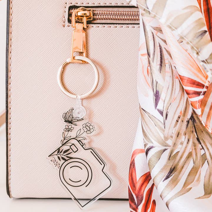 Floral Camera Acrylic Keychain for wholesale by Infinery
