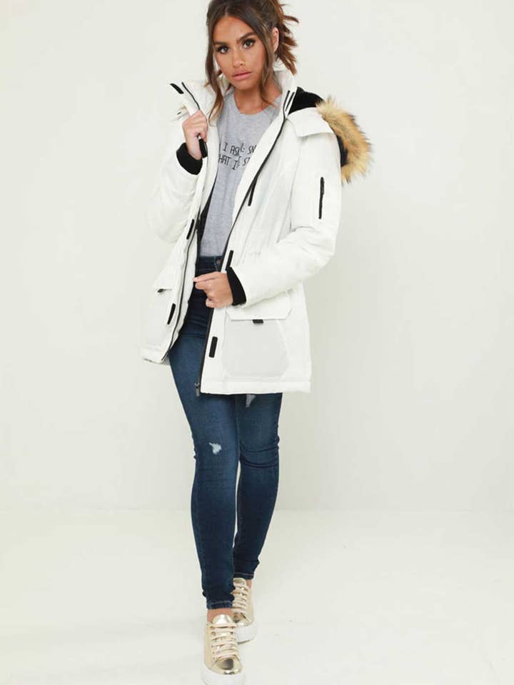 White Long Line Ski Jacket for wholesale by Urban Bliss