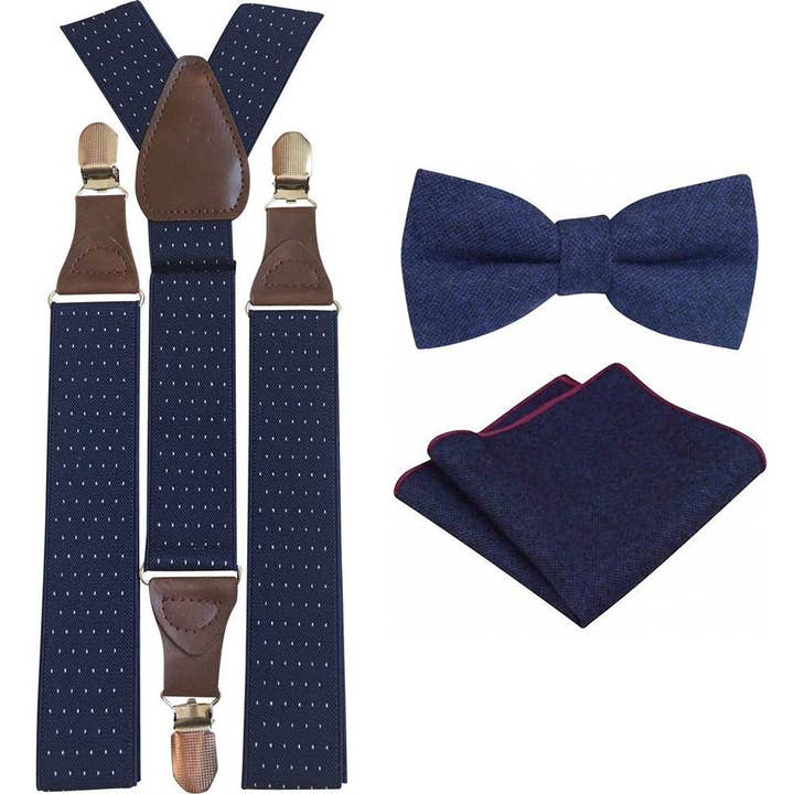 Ensemble Nœud Papillon en Laine Bleu Marine pour Adulte, Pochette et Bretelles à Pois Bleu Marine pour la vente par Dickie Bow