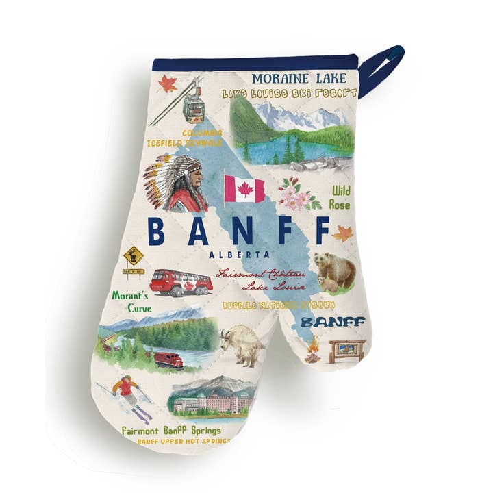 Banff Illustrated Oven Mitt – Canadian Rockies Kitchen Glove for wholesale by Northern Icons Canada