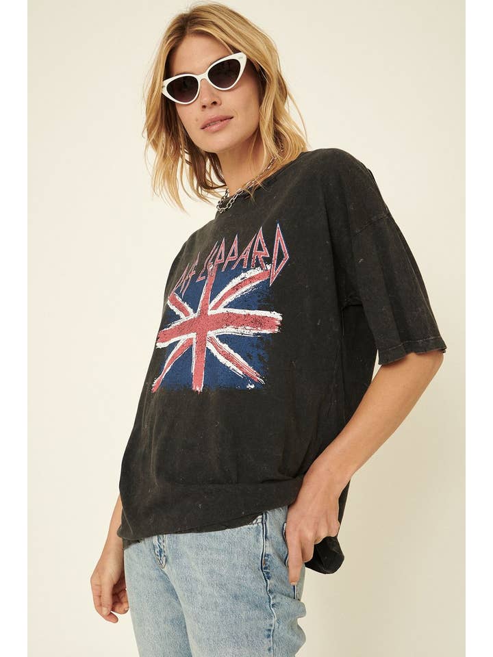 Charcoal Def Leppard Union Jack Distressed Graphic Tee for wholesale on Faire