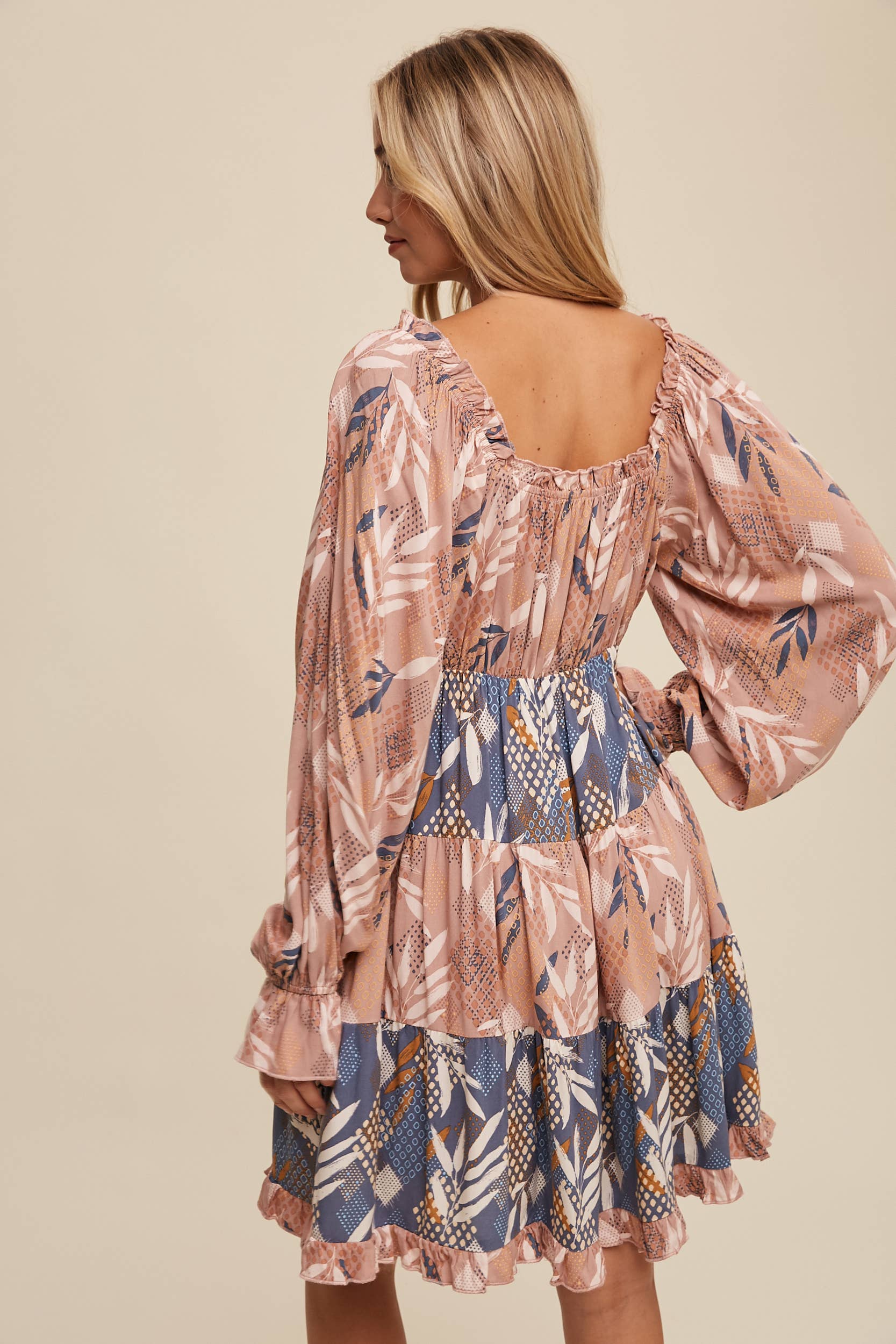 Listicle - Wholesale Dress - Women's - Patchwork Puff-Sleeve Tiered Mini Dress8