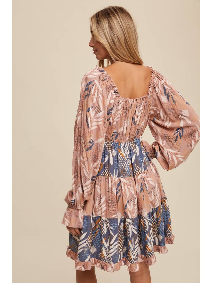 Listicle - Wholesale Dress - Women's - Patchwork Puff-Sleeve Tiered Mini Dress8